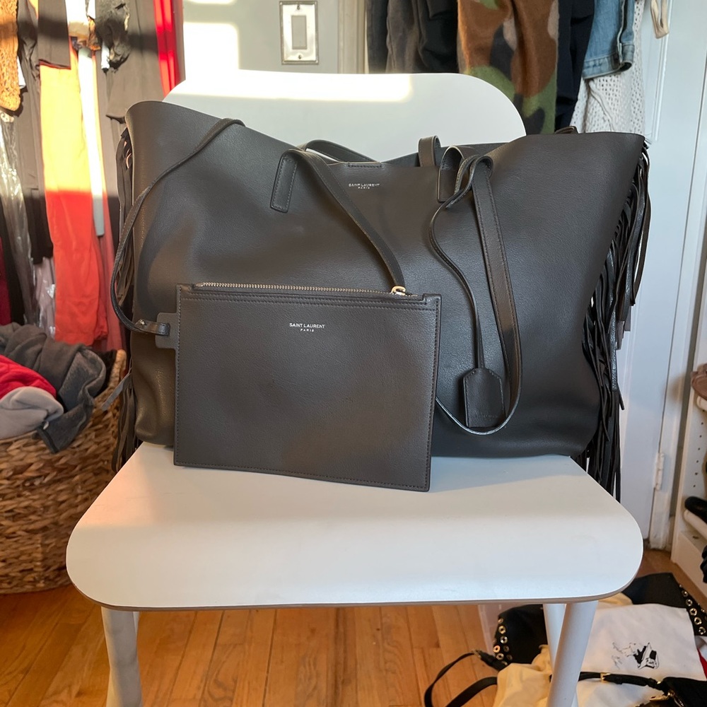Authentic Saint Laurent fringe tote grey leather like new